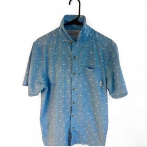 Columbia PFG Fishing Shirt Blue Fish Print Vented Back Button Up medium